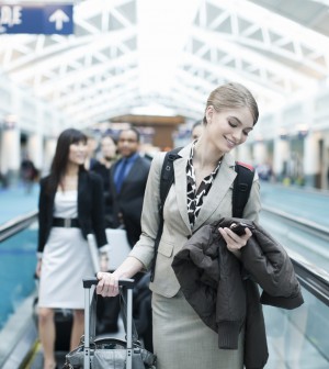 Airport Business Travel, Young Woman Checking Phone, Copy Space